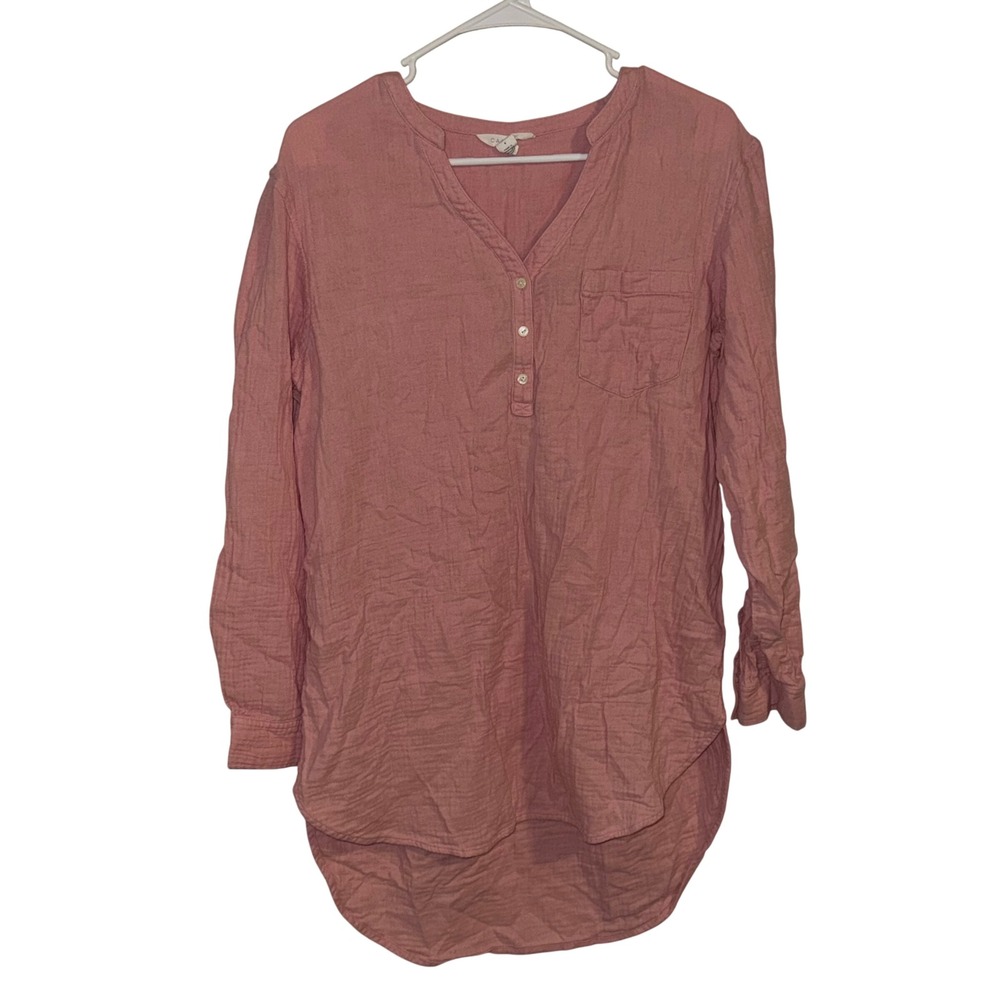 Caslon Womens Pink Cotton Gauze Henley Tunic Top Long Sleeve Split V-Neck Small